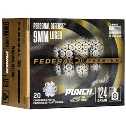 Federal PD9P1 Premium Personal Defense Punch 9mm 124 Grain Hollow Point 20 Round Box