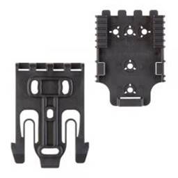 Safariland QUICK-KIT1-55 The QUICK-KIT includes the QLS 19 Locking Fork and QLS 22 or QLS 22L (Extra Locking Feature) Receiver Plate components. Constructed of injection molded nylon
QLS (Quick Locking System) allows for quick transfer of gear between attachment points such as a belt loop, tactical leg shroud or other stable platform