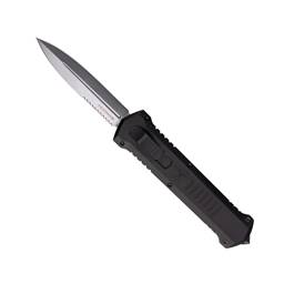 Tekto Knives A4R-T6BK-D2SI3_A1 A4 Humvee Out the Front Switchblade Black Grip Satin double Sided Combo Blade