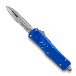 Cobra Tec Knives LBLUFS-XLDAG2SS Large FS-X Push Button Auto Blue Handle Satin Partial Serration Dagger Blade
