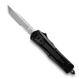 Cobra Tec Knives LBFS-3TS Large FS-3 Push Button Auto Black Handle Satin Partial Serration Tanto Blade