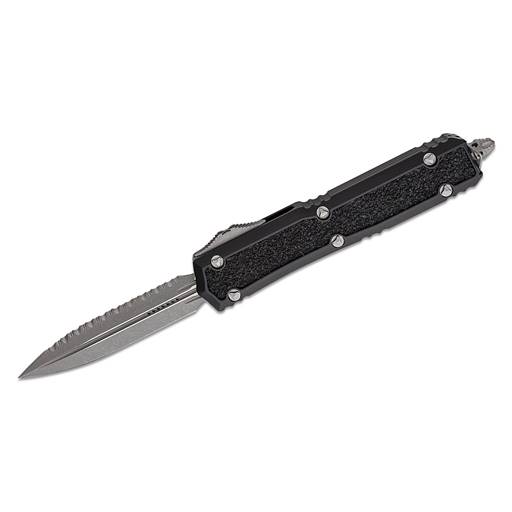 Microtech 206-12APS Makora Double Edged Full Serration on one Side Black Scale Stonewash Blade Out the Front Auto
