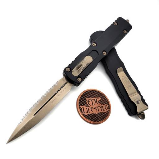 Microtech 227-15 Dirac Delta Double Edged One Side Full Serration Black Scale Bronze Blade Out the Front Auto