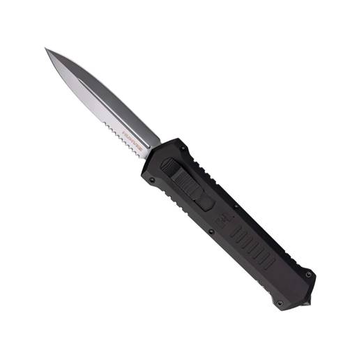 Tekto Knives A4 Humvee Out the Front Switchblade Black Grip Satin double Sided Combo Blade A4R-T6BK-D2SI3_A1