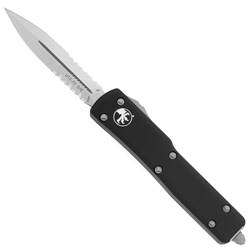 Microtech 147-5 Out the front auto knife dagger point blace with partial serrations on both sides black scales