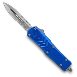 Cobra Tec Knives MBLUFS-XMDAG2SS Medium FS-X Push Button Auto Blue Handle Satin Partial Serration Dagger Blade