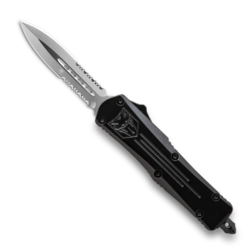 Cobra Tec Knives LBFS-3DAG2SS Large FS-3 Push Button Auto Black Handle Satin Partial Serration Dagger Blade