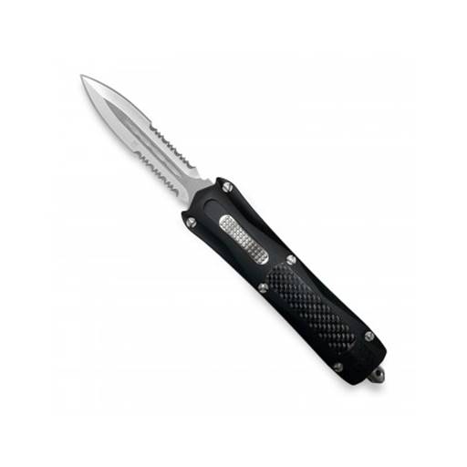 Cobra Tec Knives BLKKCDAG2SS King Cobra Push Button Auto Black Handle Satin Partial Serration Dagger Blade
