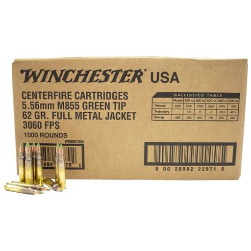 Winchester WM8551000 M855 556 62 Grain Green Tip Full Metal Jacket 1000 Round Case