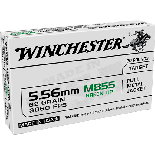 Winchester WM855K M855 556 62 Grain Green Tip Full Metal Jacket 20 Round Box