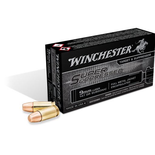 Winchester SUP9 Super Suppressed 9mm 147 Grain Subsonic Encapsulated Full Metal Jacket 50 Round Box