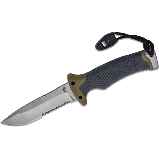 Gerber 30-001829 Ultimate Survival Black Handle Stonewash Partial Serration Drop Point Fixed Blade